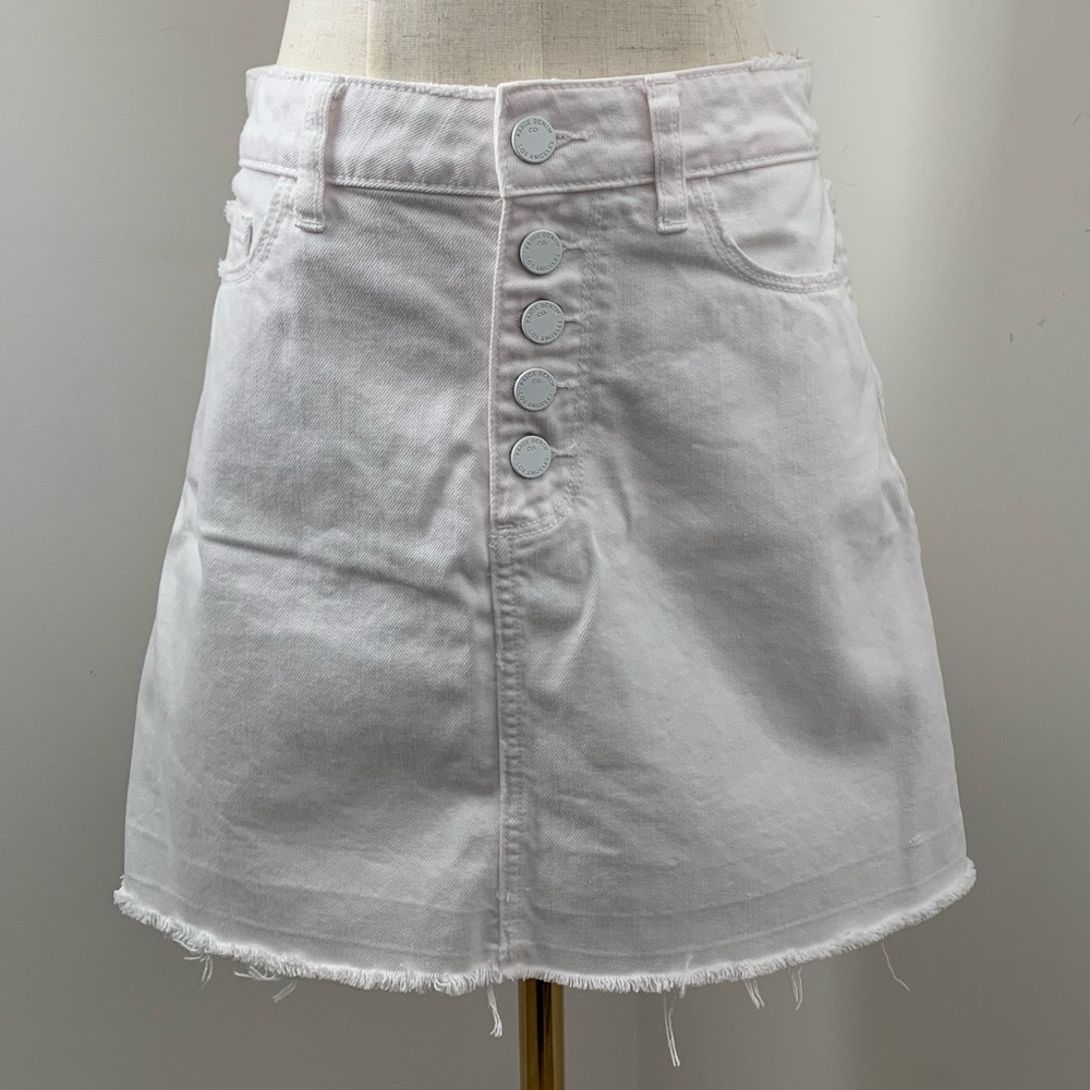 PAIGE Aideen Distressed White Denim Raw Hem Mini Skirt